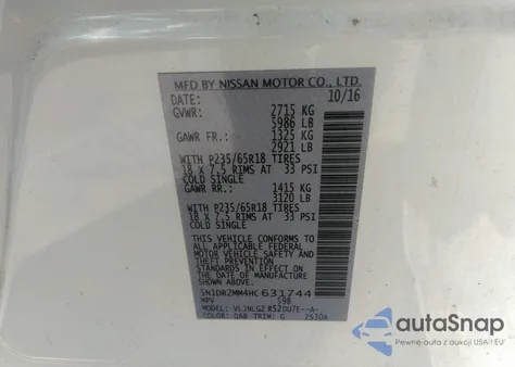 2017 Nissan Pathfinder Sl from USA, damaged, VIN 5N1DR2MM4HC631744